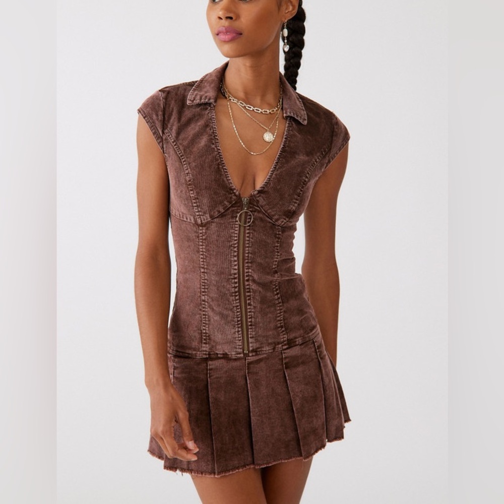 Urban Outfitters Corduroy Brown Zip-Front Mini Dress